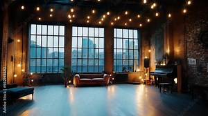 Spacious loft with large windows overlooking night skyline. Exposed brick walls, wooden floors. String lights create warm ambiance. Candles scattered around. Open dance floor area. Vintage furniture.
