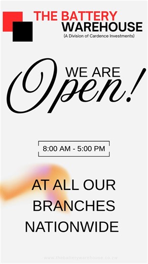 We’re Open, Nationwide! From Kadoma to Harare, Chinhoyi to Gweru, The Battery Warehouse is open and ready to power your journey! We’ve got the battery you need, wherever you are. ✅ Expert service ✅ Trusted brands ✅ Multiple branches, one mission: keeping you powered Come through, we’re here for you! #thebatterywarehouse #carbatteryreplacement #powerstart #powerstar #voltron | The Battery Warehouse