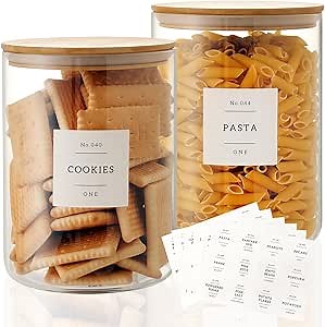Set of 2 Large Glass Flour and Sugar Containers - 100 Fl oz Thicken Glass Storage Jars with Airtight Bamboo Lid and 132 Kitchen Pantry Labels - Big Clear Rice Containers Farmhouse
