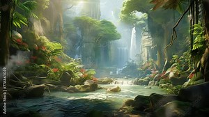 Animation natural waterfalls and rivers in the green forests seamless 4k video background. generated with ai