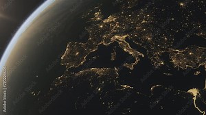 Europe Viewed from Space. A flyover view of European countries at night, captured from space.
