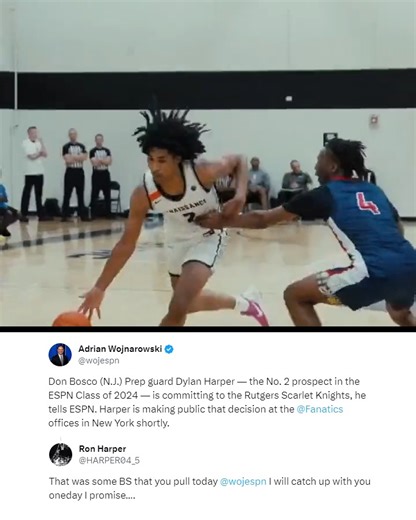 Dylan Harper, the No. 2 prospect in the Class of 2024, committed to Rutgers. WOJ made the announcement before Dylan made his decision public and Dylan's father, 5 x NBA Champion Ron Harper, wasn't too happy about it: "That was some BS that you pull today. I will catch up with you oneday I promise." | Ballislife