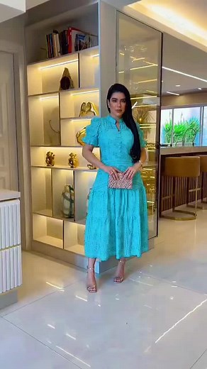 Vestido Luxo Laise 3D Gola Padre - Azul Tiffany