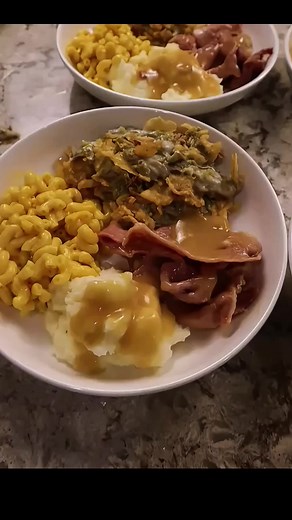 'Dollar Tree Thanksgiving Dinner for $20 I shop at one Dollar Tree on one day, the only items I can use from home are oil, salt, and pepper. If that Dollar Tree doesn't have what I want, I find a substitute or go without. Here's what I bought: 4 packs of country ham $5.00 2 cans of french style green beans $2.50 Buttery homestyle instant mashed potatoes $1.25 Milk $1.25 Margarine $1.25 Fried onions $1.25 Cream of mushroom soup $1.25 Mac and Cheese $1.25 Turkey gravy $1.25 Graham cracker pie crus