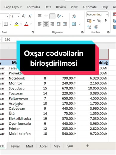 Müxtəlif cədvəllərin birləşdirilməsi. Aylar üzrə cədvəllərin birləşdirilməsi. Merging different tables. Merging different sheets. #excel #exceltutorial #exceldersleri #learnexcel #exceltips