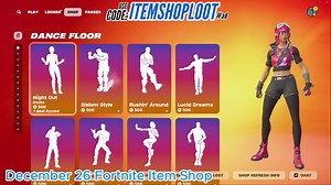 Find out what's new in today's Fortnite item shop! Get the latest skins and gear now. (Thursday, December 26th) Daily Fortnite Item Shop Updates - Latest Fortnite Skins, Emotes and Gear. Code: Itemshoploot - #epicpartner #fortnite #itemshop #fortniteitemshop #itemshopfortnite #itemshoptoday #fortniteitemshoptoday #fortniteemotes #forniteemote #fortnitedance