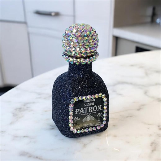 Onyx Glitter Iridescent Crystal Rhinestone Bling Bedazzled Patron Silver 50ml Empty Tequila Bottle Decanter - Etsy