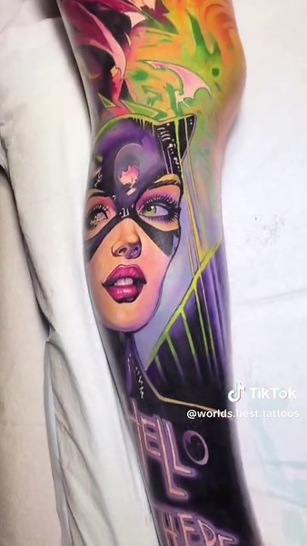 Color cartoon comics style Joker catwoman batman portrait tattoo tattoo artist - Paultougas & Drkturcotte #tattooartist #colortattoo #worldsbesttattoos #besttattoos #batman #catwoman #joker #legsleevetattoo #legtattoo #tatuaje #tatuador #tattooideas #tattootechnique