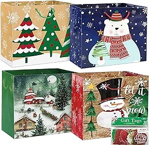Party Funny 12 Extra large Christmas Gift Paper Bags Bulk with handles and 60 Count Christmas Gift Tags-6 Designs Jumbo oversized sacks set for Wrapping Gaint Xmas Holiday Presents