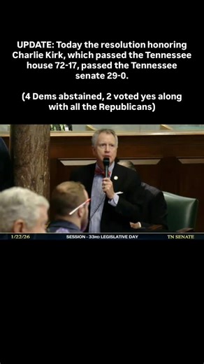 The Tennessee Holler on Instagram: "UPDATE: Today the resolution honoring Charlie Kirk, which passed the Tennessee house 72-17, passed the Tennessee senate 29-0. (4 Dems abstained, 2 voted yes along with all the Republicans) Read it here: https://www.capitol.tn.gov/Bills/114/Bill/SJR0539.pdf"
