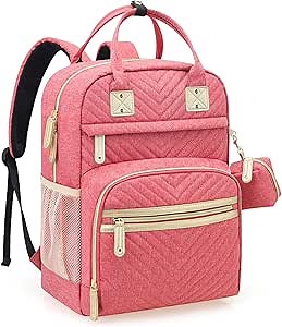 Tuwubi Diaper Bag Backpack, Baby Essentials Travel Tote Bag, Multi function Waterproof Backpacks, Travel Essentials with Stroller Straps & Pacifier Case - Pink