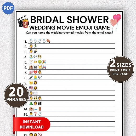 Bridal Shower Wedding Movies Emoji Game, Bridal Shower Emoji Game, Wedding Movies Emoji Game, Printable Bridal Party Games, Hen Party Games - Etsy