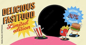 Fast food menu. Moving advertising banner with takeaway food, french fries, hamburger and plastic cup of soda. Design with alpha channel for cafes and restaurants. Cartoon style graphic animated clip