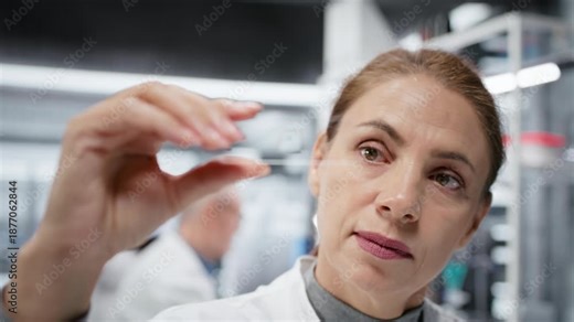 Materials scientist inspecting thin glass slide for structural defects or impurities. Research employee conducting visual quality control check using compound microscope, camera B