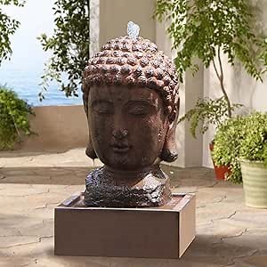 Buddha Water Fountain Outdoor Indoor Zen Statue Decor Large Fiberglass Decorative Fountains in Rock Color 22" Height