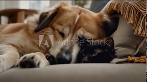 A close-up of two pets a dog and a cat sleeping together, highlighting their comfort and companionship in a cozy home environment