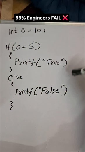 The Angaar Batch on Instagram: "Overconfidence mein 99% log fail hote hain! 😂📉 ​College mein == aur = ka fark nahi sikhate dhang se. if(a = 5) compare nahi karta, assign karta hai! a ki value 5 ho gayi -> Non-zero value -> TRUE. ​👇 Open Challenge: Agar if(a = 0) hota toh output kya aata? ​True ​False ​Error ​Himmat hai toh bina Google kiye batao! 🔥 ​#cprogramming #codingmistakes #coding #dsa #cs"