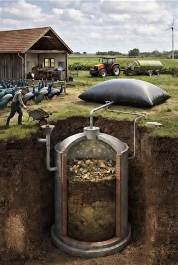 Farm Biodigesters: Turning Agricultural Waste into Clean Energy Farm biodigesters are a powerful example of how agriculture and renewable energy can work together. The image shows an underground biogas digester installed on a farm, where animal manure and organic waste are transformed into clean energy and natural fertilizer, creating a closed-loop, sustainable system. How a Farm Biodigester Works Organic waste such as cow manure, pig waste, and food residues is collected and fed into an airtigh