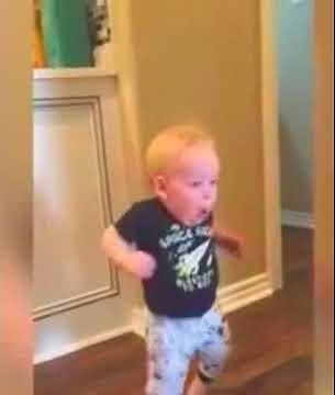 Baby running, baby so cute, his father made us laugh so hard turn right back around