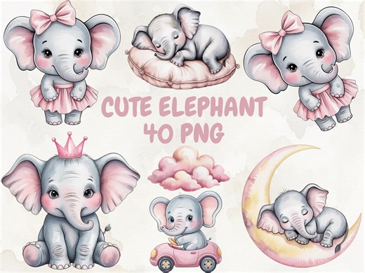 Cute Baby Elephant PNG Bundle, Elephant Nursery Clipart, funny animal art, Baby Shower Girl PNG, Kids Sublimation Design