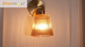 Vintage Wall Sconces with Amber Stripe Glass Lampshade 180 Degree Adjustable Brass Sconces Hradwired Modern Wall Lighting Fixture with Switch for Bedside Bedroom Doorway