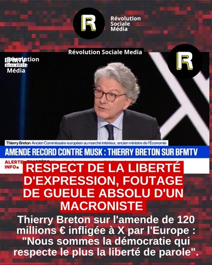 😡 INCROYABLE CULOT DE THIERRY BRETON sur BFMTV : après avoir claqué 120 MILLIONS € d'amende sur X d'Elon Musk pour 'haine en ligne', il ose balancer 'L'Europe respecte le PLUS la liberté d'expression au monde !' 😂 Sérieux ? Censure massive sous couvert de 'démocratie' : blocage de posts critiques, algos biaisés, et des voix étouffées comme les vôtres ! Faits : L'UE invoque la DSA pour punir la modération laxiste, mais qui décide de la 'haine' ? Musk riposte : 'Guerre contre la liberté'. Et nou