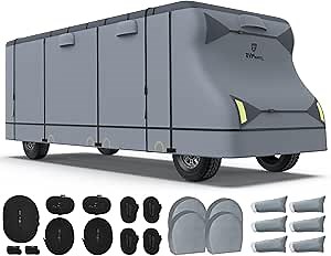 RVMasking Class C RV Cover, 23'1"-26' Heavy Duty 7 Layers Top Class C Motorhome Cover with 4 Tire Covers, Windproof Rip-Stop Anti-UV Camper Cover, Dark Gray