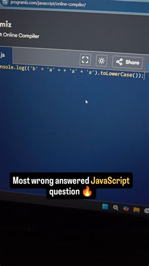 Muazim on Instagram: "JavaScript doesn’t break rules… it creates its own 😈 Here’s how this line turns into banana 🍌👇 'b' + 'a' → "ba" + 'a' → NaN (unary plus trying to convert string to number) "ba" + NaN → "baNaN" "baNaN" + 'a' → "baNaNa" .toLowerCase() → banana 🍌 No magic. Just type coercion + unary operators + JS being JS 💀 If this didn’t confuse you, congrats — you’re officially a JavaScript developer 😎 🔑 Keywords JavaScript weird behavior, JS type coercion, unary plus operator, NaN i
