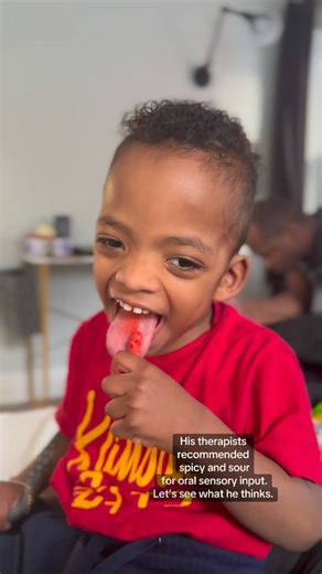 Medical Mama Bear & Vasu 💚♿️ on Instagram: "Exploring spicy and sour flavors for oral sensory input 🌶️🍋 His therapists recommended introducing spicy and sour tastes to help provide oral sensory input, increase awareness in the mouth, and help him stay motivated during therapy sessions while working on targeted tasks. These strong flavors can stimulate the lips, tongue, and cheeks, making activities more engaging and supporting oral motor development. We are taking it slow, keeping it safe, an
