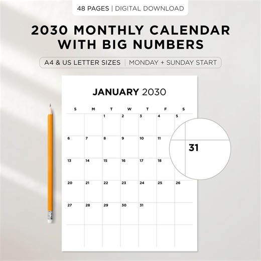 Large Print Monthly Calendar 2030 | Sunday & Monday Start | Big Numbers Wall Calendar | A4 and Letter Size | Instant Download - Etsy