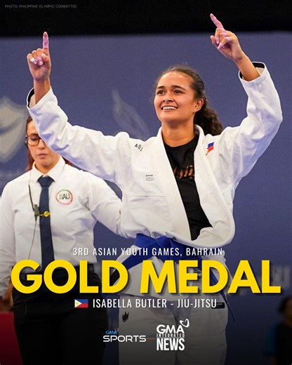 GOLD NO. 7 🇵🇭🏅 Isabella Butler delivered the Philippines’ seventh gold medal in jiu-jitsu at the Asian Youth Games on Thursday. Butler defeated Aysha Aljneibi of the United Arab Emirates in the women’s -63kg final via elbow submission. The Philippines now has a total of seven golds, seven silvers, and 10 bronzes in the Asian Youth Games, which concludes on Friday. READ: https://www.gmanetwork.com/news/sports/othersports/964477/jiu-jitsu-s-isabella-butler-wins-ph-s-7th-gold-in-asian-youth-game