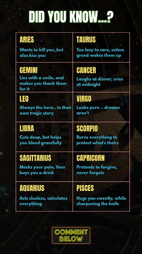 Every zodiac sign has a dark side. Some hide it behind a smile, others flaunt it proudly. In this video, we’re diving into the twisted, brutally honest truths about each sign, where love meets chaos, and sweetness turns savage. Which one sounds most like you? Comment your sign… if you dare. #ZodiacSigns #DarkZodiac #AstrologyFacts #ZodiacHumor #AstrologyVibes #ZodiacPersonality #DarkHumor #ZodiacRoast #StarSigns #Astrology | Zodiac Vibes