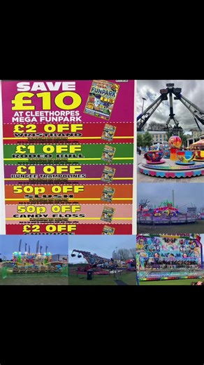🌞🎡 OMG! The sun's blazing, Cleethorpes funpark it's gonna be an EPIC day at our fun fair! 🎡🌞 Get ready for a wild time with tons of rides, inflatables, and stalls! We've got TWO Disney houses, a SIX-BEDROOM trampoline (yes, you read that right!), and non-stop fun. 🏰🤸 Five-star caring on-site means you're in safe hands. 👍 Plus, FREE parking, on-site toilets, and disabled toilets. 🚗🚻 💰💰 Don't forget your money-off vouchers! Grab a leaflet in Cleethorpes town center for some sweet saving