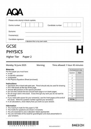 AQA GCSE Triple Science Physics Paper 2 2025