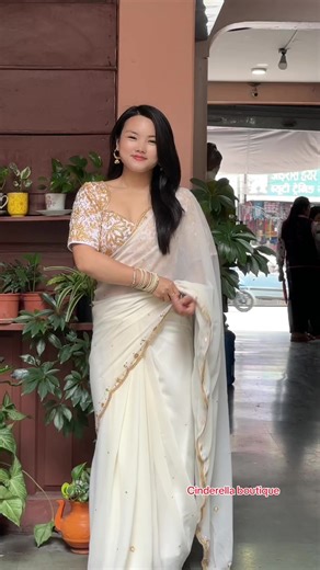 White Saree set #blousedesign #cinderellaboutiquepokhara #sareelove #whiteblouse #boutiqueblouse