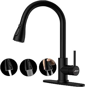 APPASO Black Kitchen Faucet with Pull Down Sprayer, 3-Mode Sprayer Kitchen Sink Faucet, 1 or 3-Hole Single Handle High Arc Stainless Steel Kitchen Faucet Black with Deck Plate, Matte Black