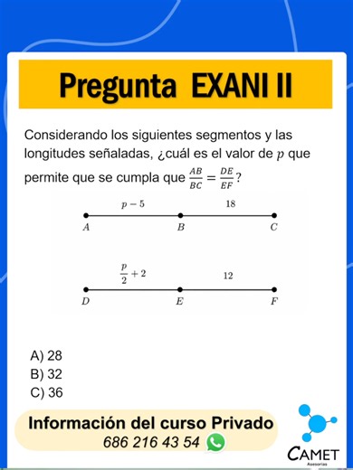 ¿Sabes resolver proporciones con segmentos? 📏 Este tema de Pensamiento Matemático es un must si vas a presentar el EXANI II, porque muchas preguntas te piden relacionar longitudes mediante razones y despejar una incógnita. En este reactivo debes comparar los segmentos y plantear correctamente la proporción para encontrar el valor de p. No te quedes fuera de la universidad por errores sencillos en matemáticas. En CAMET Asesorías te enseñamos a resolver estos reactivos paso a paso, sin rodeos y d