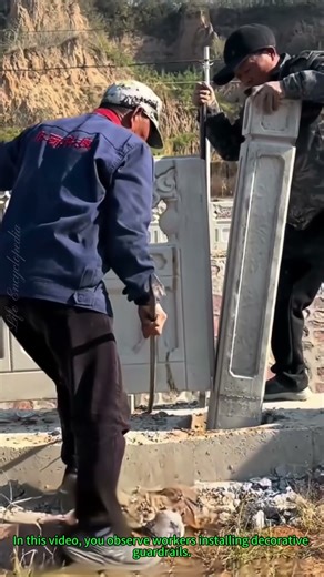 Guardrail Installation: Workers Expertly Set Up Decorative Fencing with Precision!