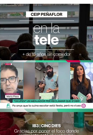 Hemos salido en IB3 Televisión. Porque cuando durante más de 10 años no te escuchan, amplificas. 🚀🎥 Mario lo ha explicado claro: el comedor no está en marcha porque el colegio no aparece en los pliegos. Mientras tanto, nuestros hijos llevan más de 15 años comiendo de táper. En un edificio inaugurado hace casi dos años. Con una cocina montada y lista para usarse. ➡️Se nos señala por cocinar en un espacio público. ➡️Pero nadie pone el foco en resolver el problema. ➡️Nadie asume los errores de pr