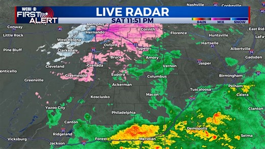 12AM Sunday Radar Update- The freezing line now sits in between Tupelo and Amory, extending to the SW. Cold rain to the South of the line, freezing rain to the North. Mixture of cold and freezing rain will continue overnight and through Sunday afternoon. Stay off of the roads. | WCBI Weather