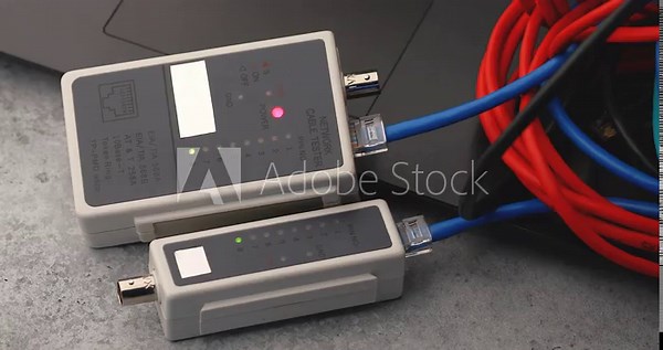 Checking the integrity of computer wires with a tester, close-up of a LAN tester working