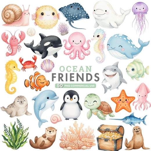 Cute Under the Sea Animals Clipart, Watercolor Ocean Animals PNG, Whale, Octopus, Jellyfish, Nursery Wall Art, Baby Shower Decor, Kids Room - Etsy