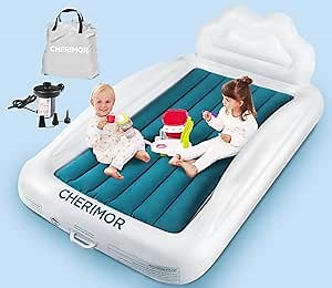 CHERIMOR Toddler Air Mattress with Electric Pump, Inflatable Toddler Travel Bed with Safety Sides, Portable Kids Blow Up Mattress for Travel, Camping Grandma Sleepovers Playing Air Bed, Gift for Kids