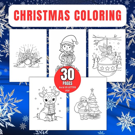 30 Christmas Coloring Pages for Kids – Printable PDF A4 & US Letter – Holiday Activity, Instant Download