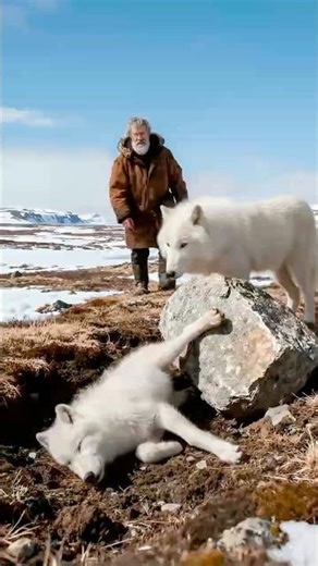 " A Mother Snow Wolf Ran to a Human for Her pup "
