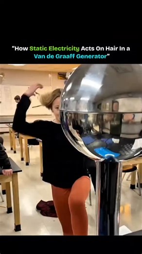 Mystery, Science, Universe on Instagram: "A Van de Graaff generator is a fascinating device that builds up high-voltage static electricity. When someone touches the metal dome, electric charges spread across their body. Each hair strand picks up the same charge and since like charges repel, the hairs push away from each other and stand up! Likes 2 W This effect is especially noticeable on long, dry hair because dry air prevents the charge from escaping quickly. It's a fun yet powerful demonstrat