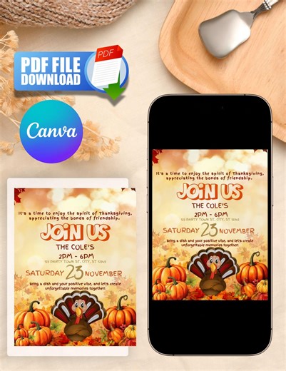 Party Invitations, Thanksgiving, Friendsgiving, Digital Download - Etsy