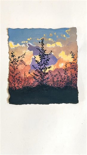 Colourful clouds and sunset landscape painted in gouache ☁️🌙🌿 #art #painting #naturelandscape