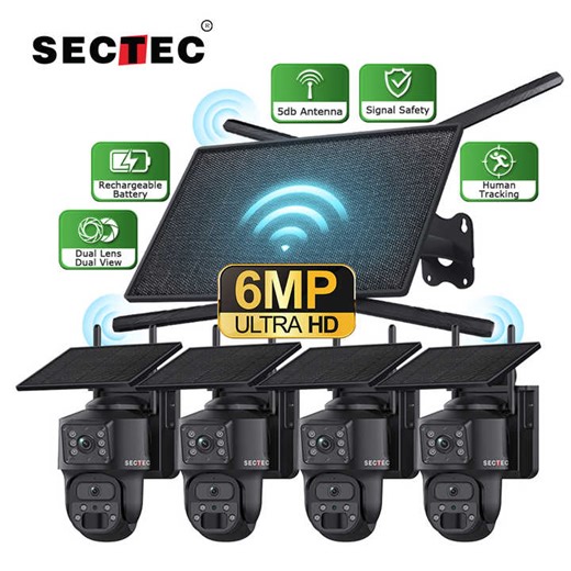 SECTEC 4G Solar Router Kits 6MP Wifi Solar Battery Powered Network Camera 2Lens 2 Screens UBOX APP Outdoor Solar Camera