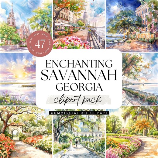 Savannah Georgia Clipart, Watercolor Southern City Illustrations, Historic Savannah Art, Travel Journal Graphics, USA Tour Destination - Etsy